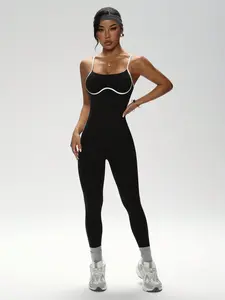 Plus Size Contrast Trim Seamless Yoga Jumpsuit Tummy Control Butt Lifting U Back Workout Bodysuit for Women Gym Running