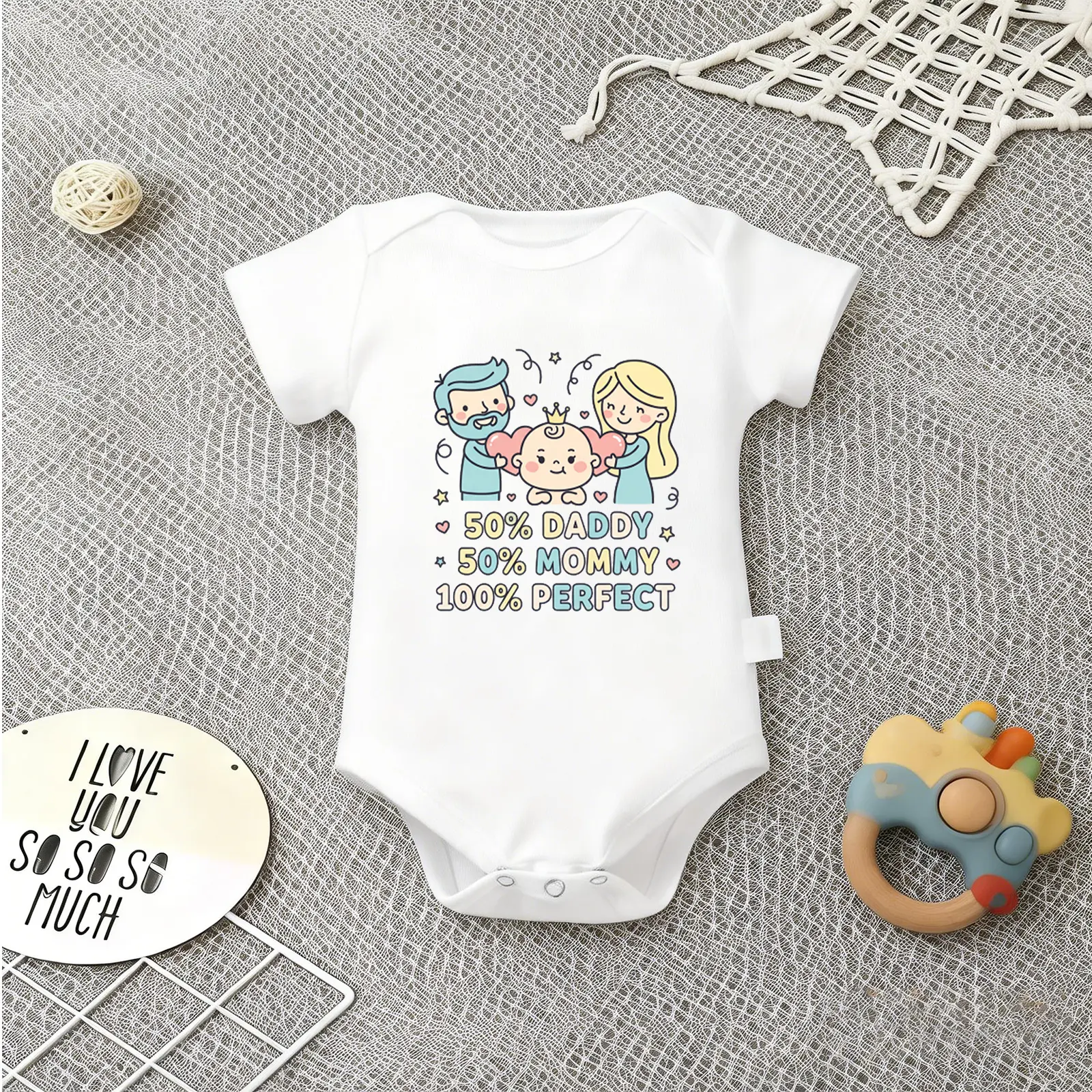50% DADDY, 50% MOMMY, 100% PERFECT Print Baby Babysuit - Cute Baby Short Sleeve Onesies Romper For Infant, Newborn Humor Clothes for Boys Girls, Soft Casual Outfit, Outdoor 100% Cotton Triangle Jumpsuit