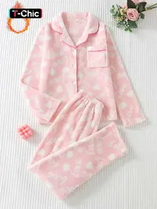 Women's Heart Pattern Flannel Pajama Set, Casual Long Sleeve Button Top & Comfortable Pants, Warm Thick Velvet Homewear, Loungewear