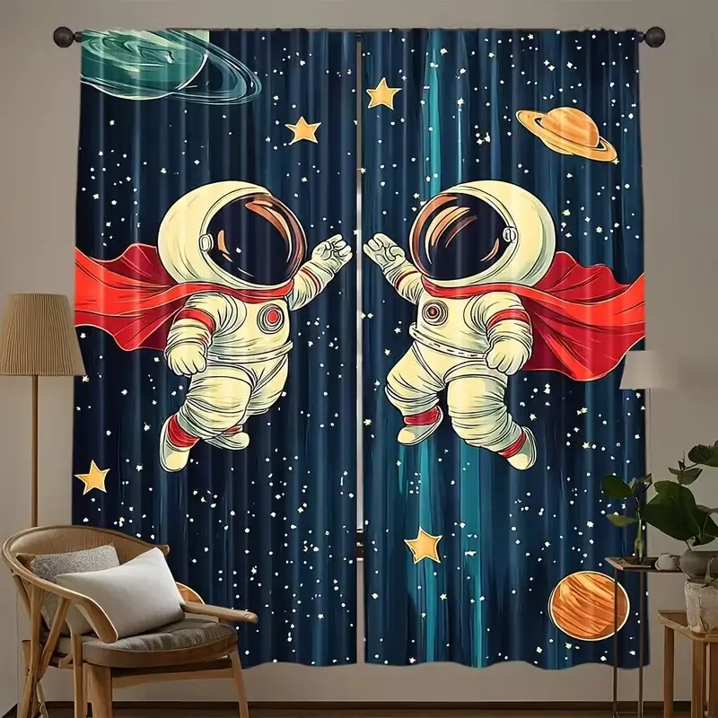 Modern Style Space Astronaut Polyester Curtains, Durable Multifunctional Window Curtain Panels, Window Drapes, Ideal for Living Room & Office Decor, Home Decoration Curtain