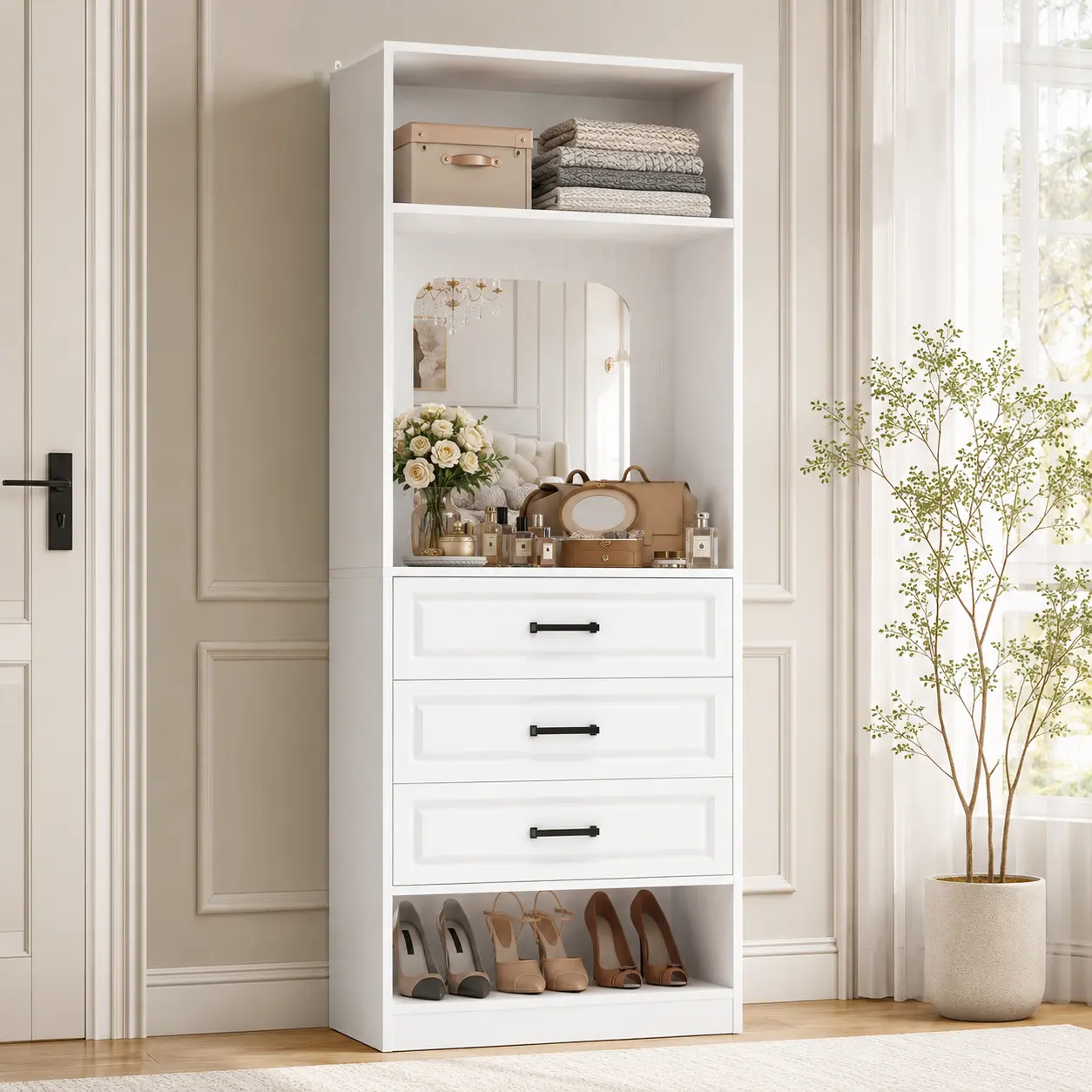 Homieasy 25'' Freestanding Closet System with 3 Drawers, Closets Organizer Wardrobe with Storage Shelves and Mirror, Sturdy Wood Walk-in Closet Organizer Systems for Small Closets, 25" W x 16" D x 80" H