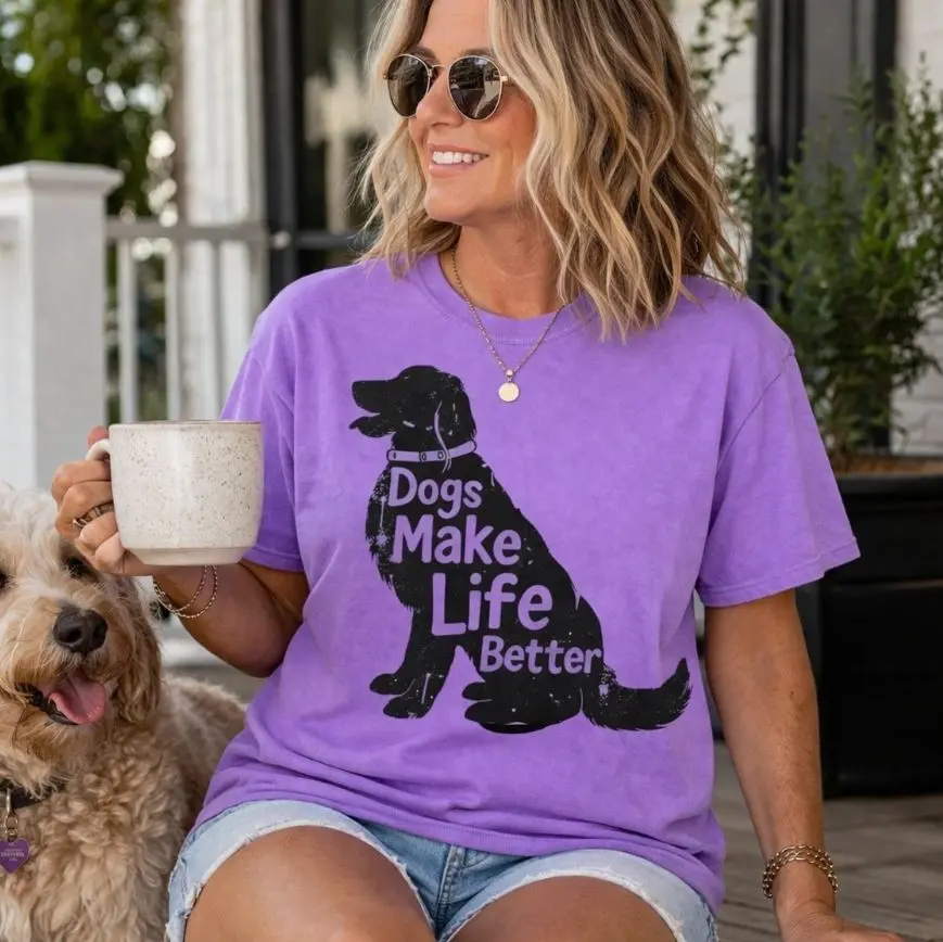 Dogs Make Life Better T-Shirt - Purple Short Sleeve Crew Neck with Dog Silhouette Design