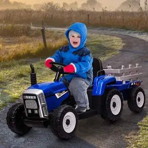 【Christmas Deal】GARVEE 12V Ride-On Tractor with Trailer and Remote Control, Electric Vehicle for Toddlers Featuring LED Headlights, 2+1 Gear Shift, MP3 Player, USB, Speed up to 5mph, 25W Motor, Tread Tires, Blue Color