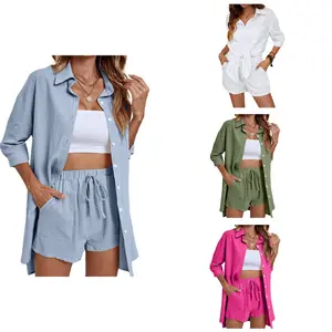 Women's Casual Suit - Oversized Button Down Shirt and Shorts, 7-minute Sleeves, Button Front, Pockets, Casual Pajamas/outdoor Wear, Comfortable and Fashionable, Oversized Fit All Body Types，Best for Summer Wear.