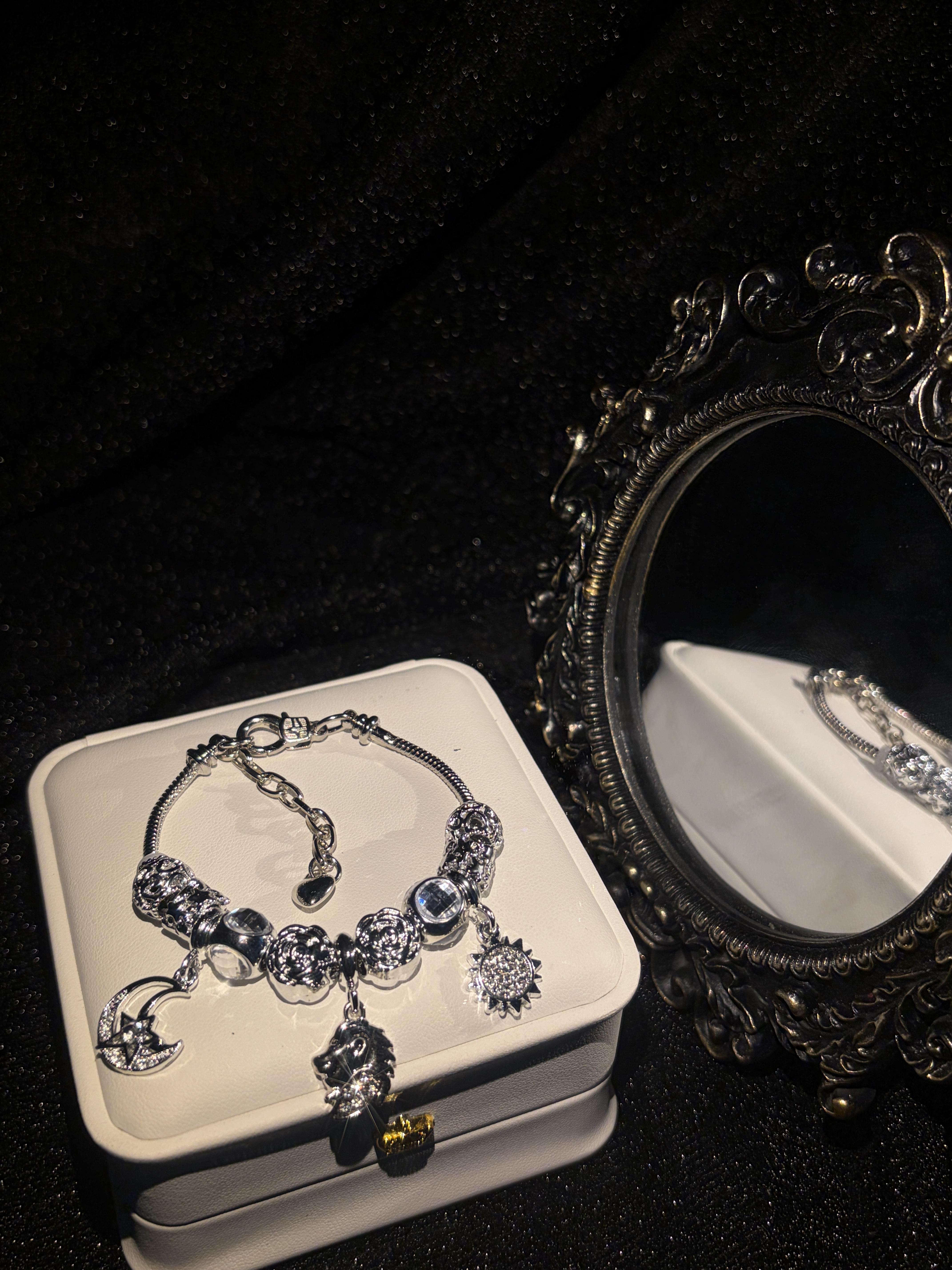 Stunning Silver‑Tone Sun Moon Zodiac Charm Bracelet Crystal Inlaid Constellation Pendant Bracelet Fashion Women Jewelry Birthday Gift