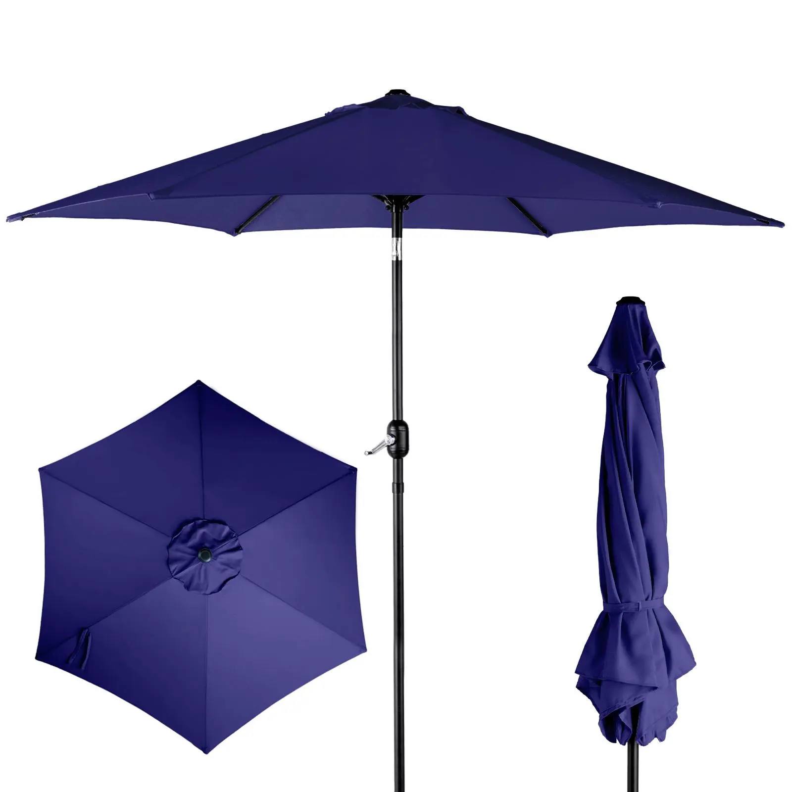 Ubesgoo 9FT KD Round Outdoor Patio Umbrella, Polyester Fabric, 6 Iron Ribs, Iron Center Pole, Swivel Head Design, Outdoor Umbrella, Back Porch