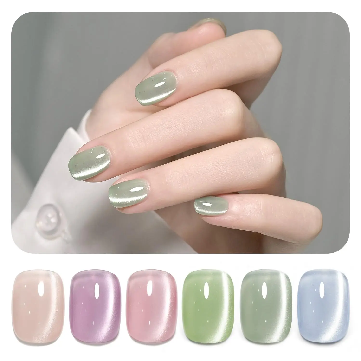 GAOY Green Cat Eye Gel Nail Polish Kit with Magnet, 6 Colors, Minty Fresh | Jelly Green Blue Colors, Magnetic Glitter Glassy Holographic Gel Nail Polish Set, UV/LED Cure Required, DIY Manicure at Home