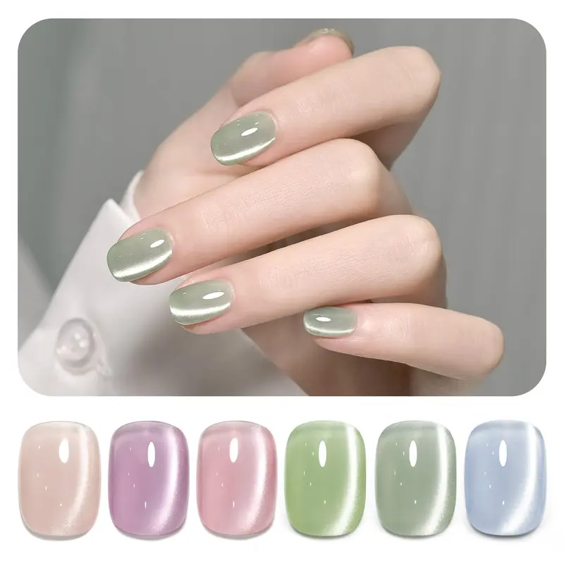 GAOY Green Cat Eye Gel Nail Polish Set, 6 Colors, Minty Fresh | Jelly Green Blue Colors, Magnetic Glitter Glassy Holographic Gel Nail Polish Set, UV/LED Cure Required, DIY Manicure at Home