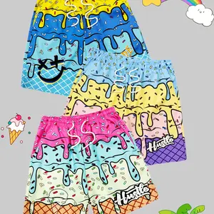 Men's 3pcs Colored Ice Cream Print Beach Shorts - Vibrant Dripping Design, Lightweight Non-Stretch Fabric, Adjustable Drawstring Waist for Summer Poolside & Casual Outings, Bathing Suit Shorts, Colored Men's Shorts