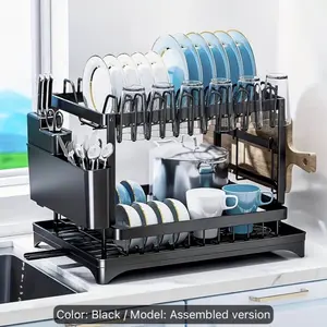 2-Tier Black Metal Kitchen Counter Dish Drying Rack with Drainboard, Smooth Adjustable Shelf, Freestanding Garment Organizer, Pipe Clothes Holder, Hat Storage Organizer, Utensil Holder for Spoons and Forks