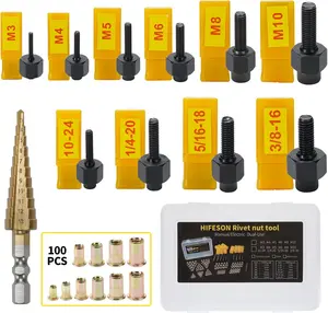Rivet Nut Tool,Hand Nuts Riveter,Rivnut Tool with Metric and SAE,Rivet Nut Tool Rivet Nut Kit with a Step Drill Bit & 100 Rivet Nuts Assortment Kit