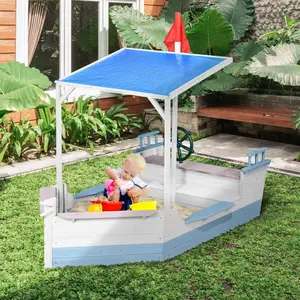 Kids Sandbox with Canopy Pirate Ship Wooden Sand Boxes with Bench for Backyard Sand Pit for Toddlers 83" x 43" Blue Pretend Play Canopy Protection Bottomless Design Wooden Construction