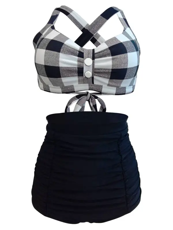 RETROSTAGE Women's 1950s Vintage Gingham Check 2-Piece Bikini Set - Crisscross Padded Fabric Top with Button Detail, High-Waisted Ruched Bottoms, No