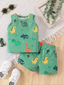 Boys' Dinosaur Print Sleeveless Casual Set, Clothes Kids, Breathable Ribbed Set, Fresh, Breathable Textured Fabric, Summer Home & Outdoor Playwear
