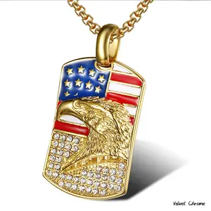 American Flag and Eagle Necklace, Titanium Steel, Gold Plated, Diamond Encrusted, Hip Hop Style, Patriotic Theme Necklace