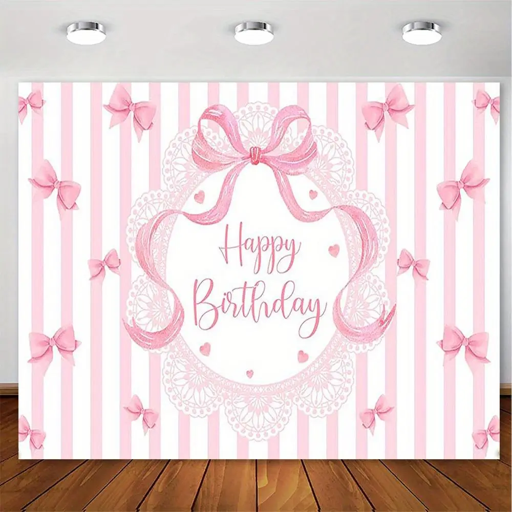 1pc Extra Large Soft Durable Polyester 2D Flat Photography Backdrop - Pink Coquettecore Glam Lace Banner with Happy Birthday Script, Hearts, Bows, White for Wedding, Photo Booth Decor