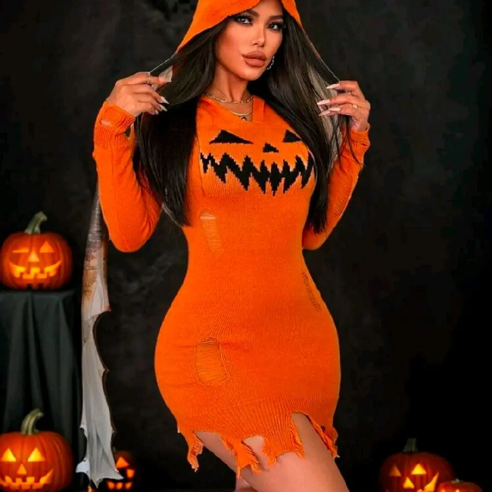 Women’s Halloween Pumpkin Face Hooded Sweater Dress – Orange Bodycon Knit Dress with Tassel Hem & Long Sleeves