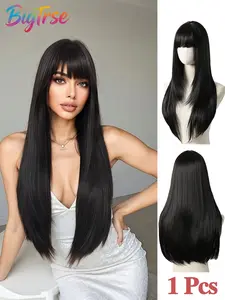 28 Inch Long Straight Wig with Bangs, Multi-Layer Cut Design, Synthetic Hair, Heat-Resistant, Suitable for Daily Wear and Festive Looks