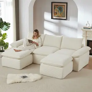 【1/2/3 Packages Shipping】 130" U-Shaped Modular Sectional Sofa, Comfy Cloud Chenille Couch with Movable Ottoman, Deep Seat Design for Living Room, Beige