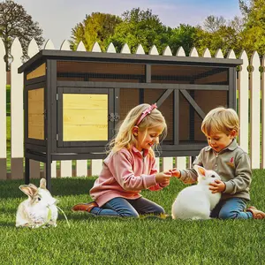 TIMHAKA 46.7" Elevated Rabbit Cage Indoor & Outdoor Rabbit Hutch Bunny Cage for Guinea Pig Wooden Design with Removable Tray Waterproof Asphalt Roof & Bottom Wire Mesh for Small Medium Animals