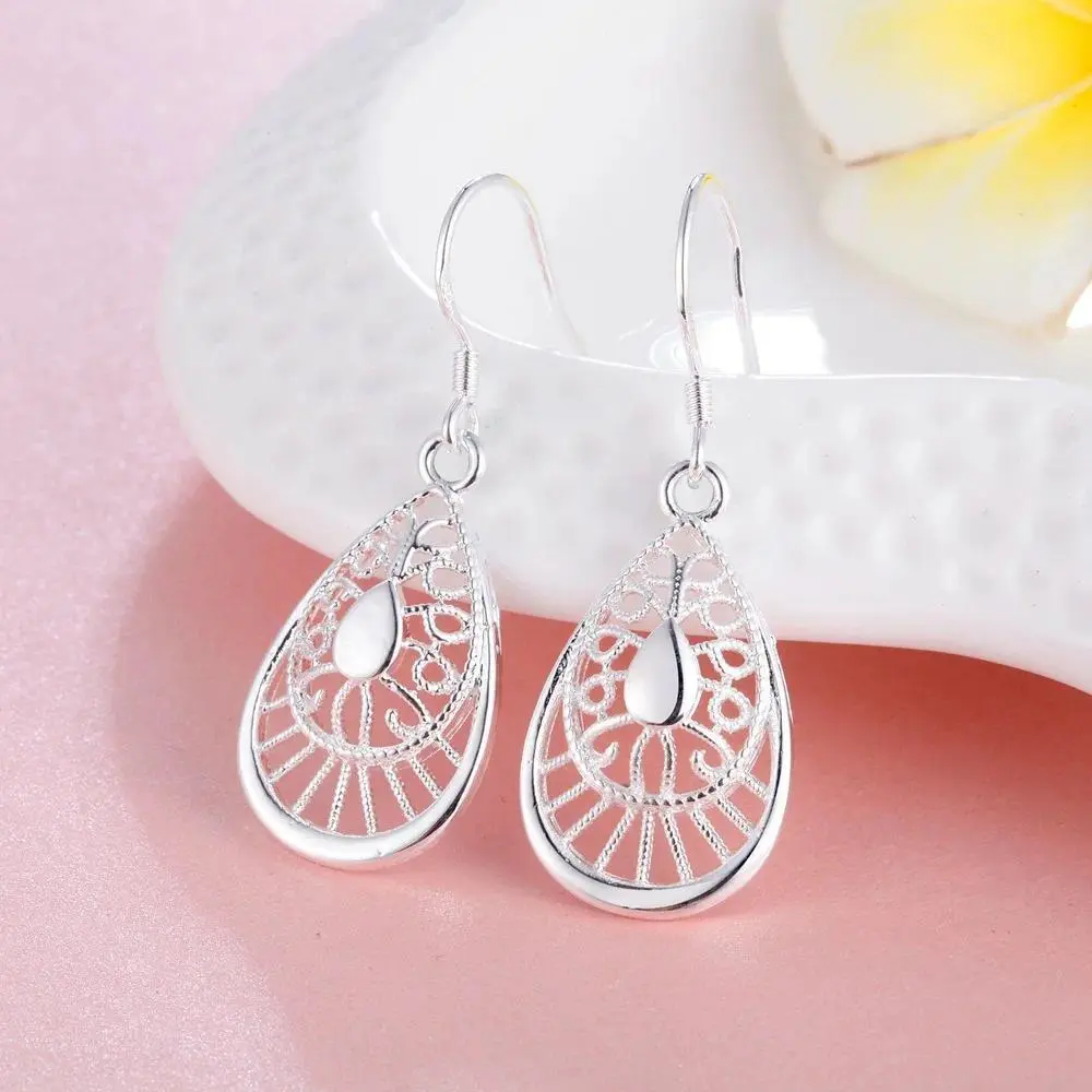 925 Sterling Silver Vintage Carved Water Drop Earrings, Fashion Costume Jewelry, Christmas Gift