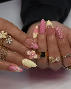 3D Seashell & Pink Flower Mermaid Press On Nails | Handmade Summer Ocean Nail Art | Pastel Pink Yellow Nails | Gold Starfish Vacation Nails