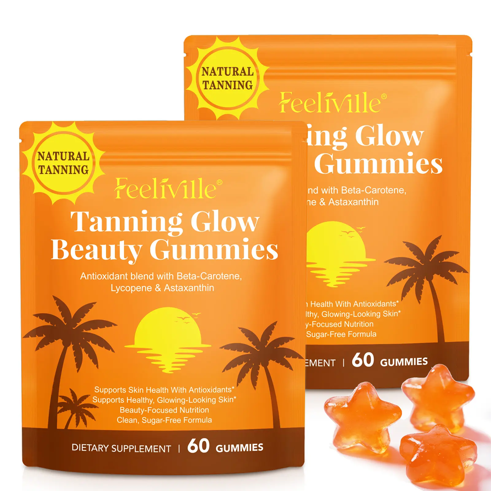 【NEW】Feeliville Astaxanthin Tanning Gummies 120Count - Sunless Tanning Gummies with Beta-Carotene & Vitamin E for Natural Sun-Kissed Glow*, Easy Chewable Dietary Supplement for Radiant Skin, No Water Needed, On-the-Go Beauty