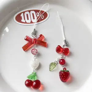 INS Pink Red Cherry Strawberry Phone Strap Charm Landyard Keychain Keycord For Girl Landmine Style Bag Camera Pendant Phone Case