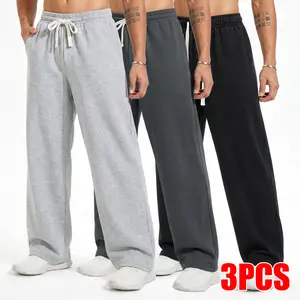 3-Pack Men’s Cotton Solid Color Drawstring Straight Leg Athletic Pants, Regular Fit, Breathable and Comfortable, Suitable for All Seasons, Ideal for Everyday Activities