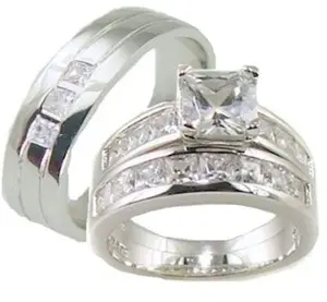 His & Her 3 Piece AAA Quality Cz  Wedding Ring Set 925 Sterling Silver