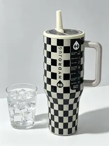 Hydrojug 40Oz Black White Checkered Stainless Steel Water Bottle, Portable Cup Holder, Leak Proof Lid, Cup With Straw, Equipped With Anti Slip Rubber Base, Suitable For Business Travel, School, Sports Outdoor Fun And