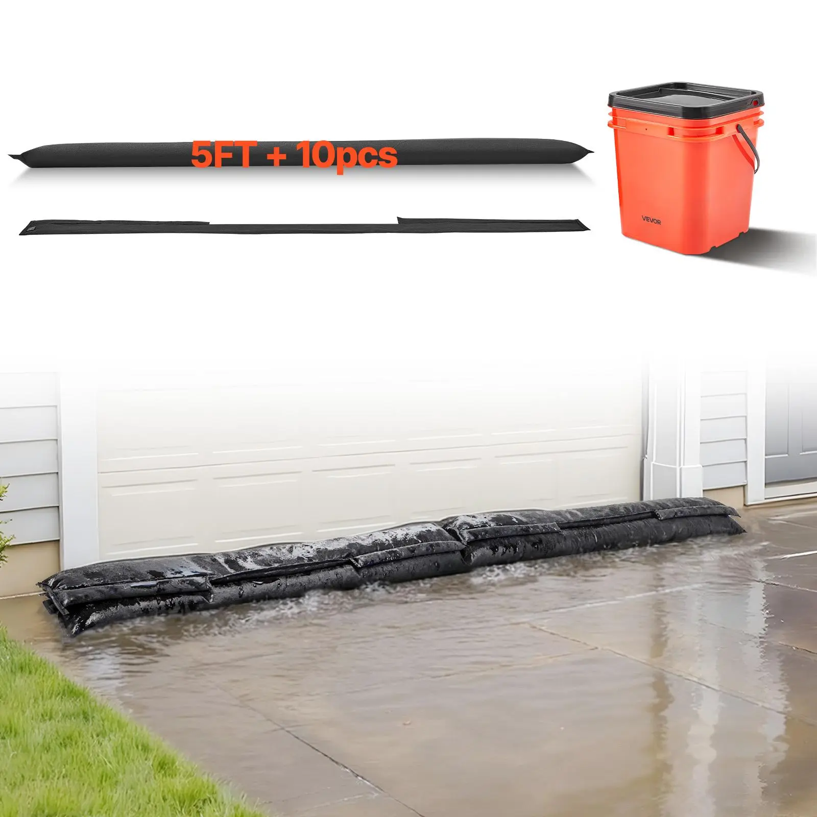 VEVOR Flood Barrier, 10 Pack, 5 x 0.7 ft Flood Bags with Bucket, Water Absorbent Barrier Activated by Water, Sandless Sandbags Blockage, Flooding Prevention Bags for Basement, Garage, Doorway#BackToSchool