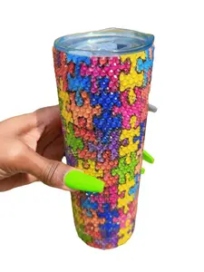 Bling One of a Kind Autism Puzzle Piece 20 oz Tumbler Double Walled Rhinestone Covered BPA Free Drinkware with Lid & Straw
