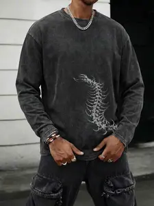 Men's Washed Vintage Round Neck Long Sleeve T-Shirt, Casual Fashion Tee for Daily Wear, Comfortable Cotton Material, Perfect for Spring & Fall