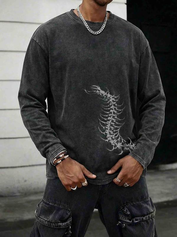 Men's Washed Vintage Round Neck Long Sleeve T-Shirt, Casual Fashion Tee for Daily Wear, Comfortable Cotton Material, Perfect for Spring & Fall