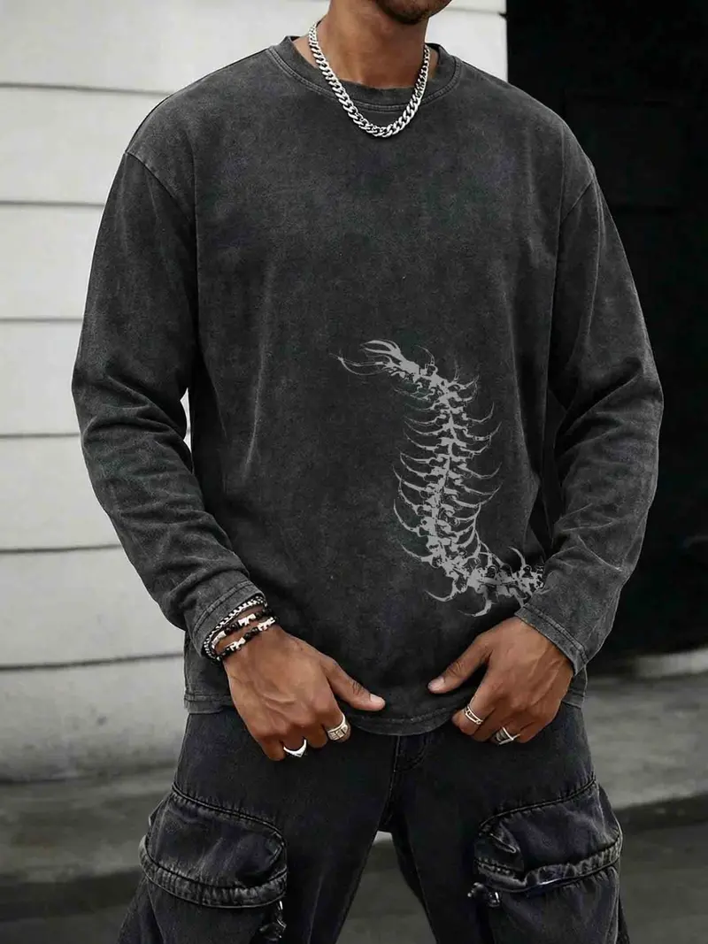 Men's Washed Vintage Round Neck Long Sleeve T-Shirt, Casual Fashion Tee for Daily Wear, Comfortable Cotton Material, Perfect for Spring & Fall