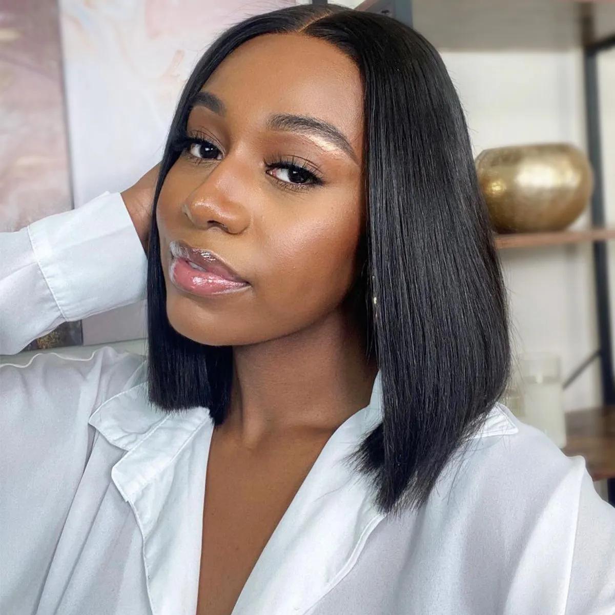 Pizazz Hair Glueless Layered Cut Yaki Straight Short Bob Wig with Drawstring 220% Density Pre-cut 5x5 HD Lace Human Hair Wigs with Bleached Knots Pre Plucked Natural Hairline