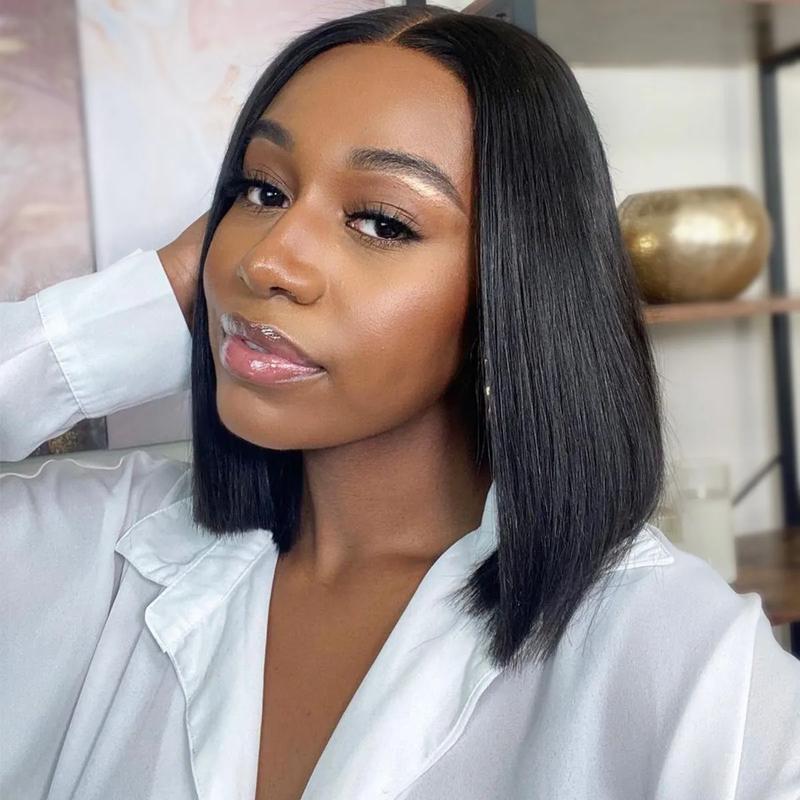 Pizazz Hair Glueless Layered Cut Yaki Straight Short Bob Wig with Drawstring 220% Density Pre-cut 5x5 HD Lace Human Hair Wigs with Bleached Knots Pre Plucked Natural Hairline
