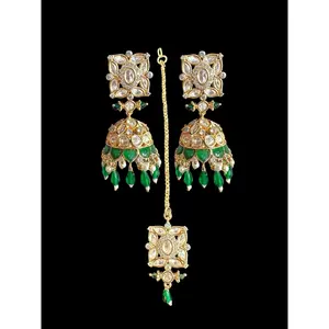 Kaheesha Polki jhumka and tika set in green ( READY TO SHIP )