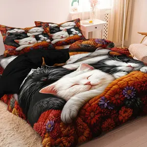 3pcs King Queen Style Bedding Set, Set Couple Romantic And Loving Cat Print Duvet Cover Set, Machine Washable, Decorative Bedding Set, Bedroom Guest Room, Birthday Gift (Includes 1 Duvet Cover + 2 Pillowcases, No Comforter, No Pillow Core) ﻿