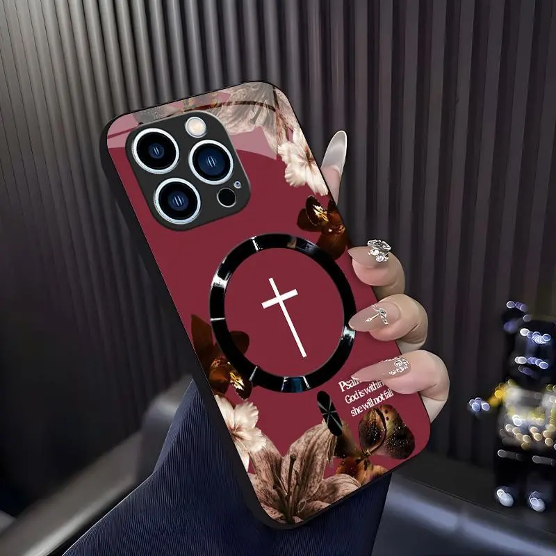 “God is within her” Psalm 46:5 — MagSafe case, vintage floral Christian cross magnetic cover for iPhone 14 Pro — 975