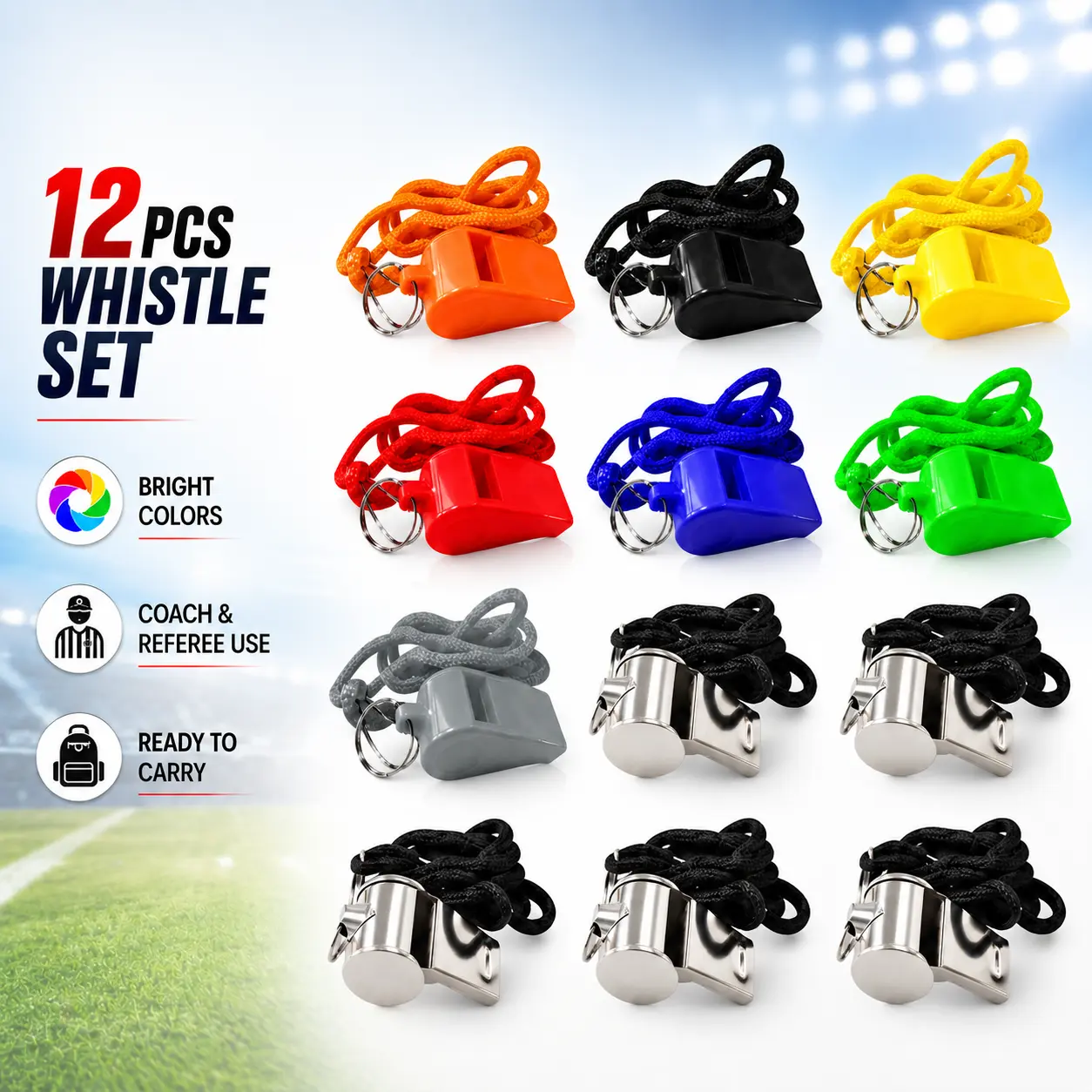 12-Pack Sports Whistles with Black Lanyards | Loud & Clear Sound for Coaches, Referees, Gym Teachers & Emergency Use Outdoor