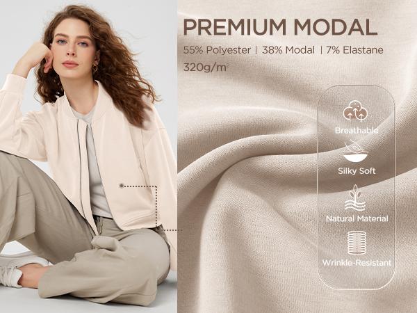 ODODOS Modal Soft Full-Zip Bomber Jacket for Women Long Sleeve Casual Fall Outfit Crop Top with Pockets