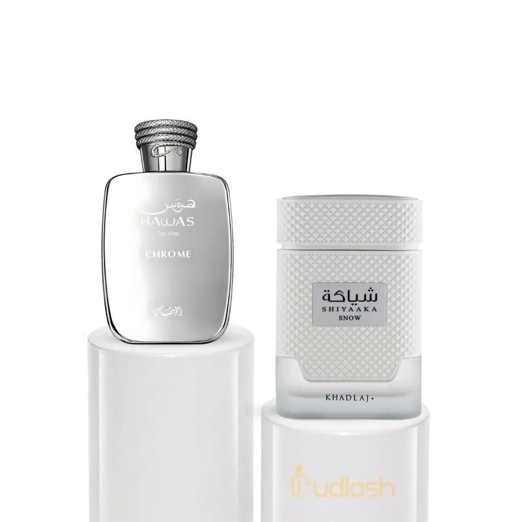 Oudlash Bundle | Hawas Chrome + Shiyaaka Snow | Men's Fragrance | 100 ML - 3.4 OZ | Eau De Parfum | Peach - Orange & Yellow Fruits