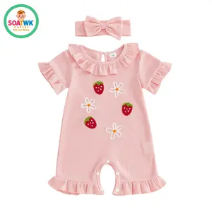Baby Girl Summer Romper Strawberry Floral Embroidery Ruffles Short Sleeve Jumpsuit with Cute Headband Set