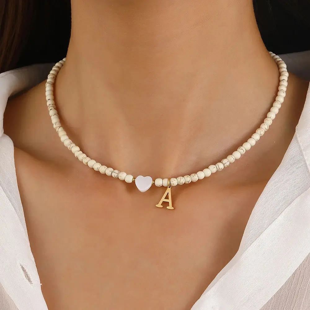 Choker neck Initial necklaces heart-shaped shell letter pendant beads Women's stainless steel necklace