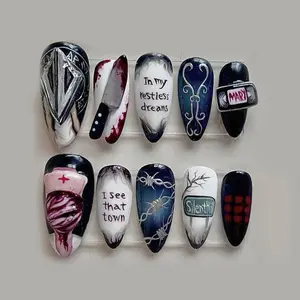 S232 Horror Nightmare Press-On Nails, 3D Mask Charms, Creepy Nurse & Gothic Barbed Wire Details, Spooky Handmade Nail Set, Halloween Vibes, Solana Nails Town
