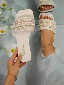 Women's Plus Size Slip-On Toe-Open Rhinestone Sandals, Spring Summer Casual Outdoor Plastic Flat Shoes, Non-Slip Beach Home Slippers, PU Leather Sandals