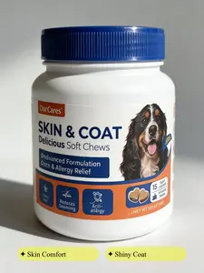OurCares Skin & Coat Wellness Soft Chews for Dogs Jar Advanced Formulation for Itch Allergy Relief Reduces Chewing