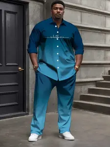 Men's Plus Size Casual Sport Suit: Gradient Long Sleeve T-Shirt + Pocket Drawstring Pants - Polyester Blend, Machine Washable, PLUS SIZE